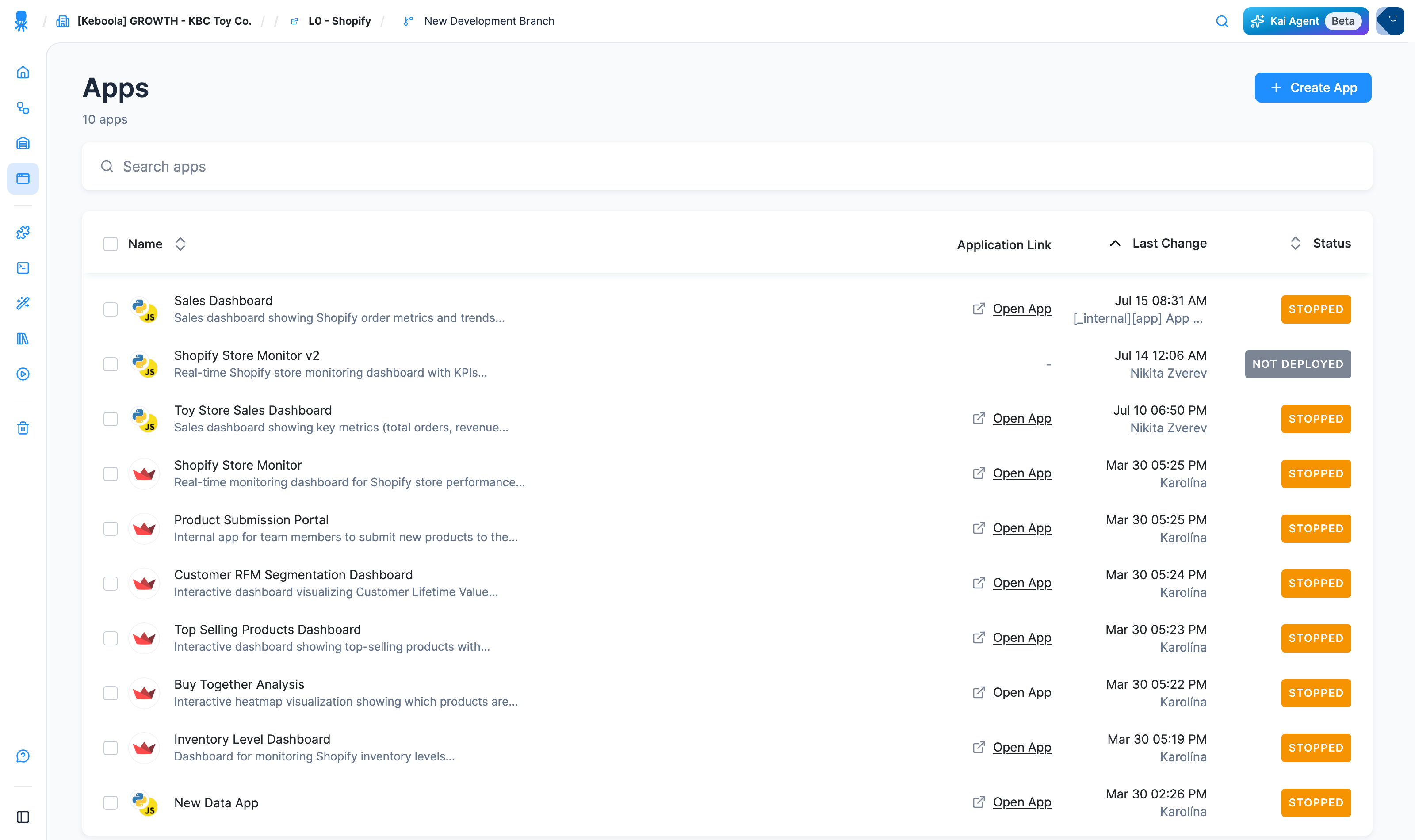 The Apps list in a Keboola project with the Create App button in the top right